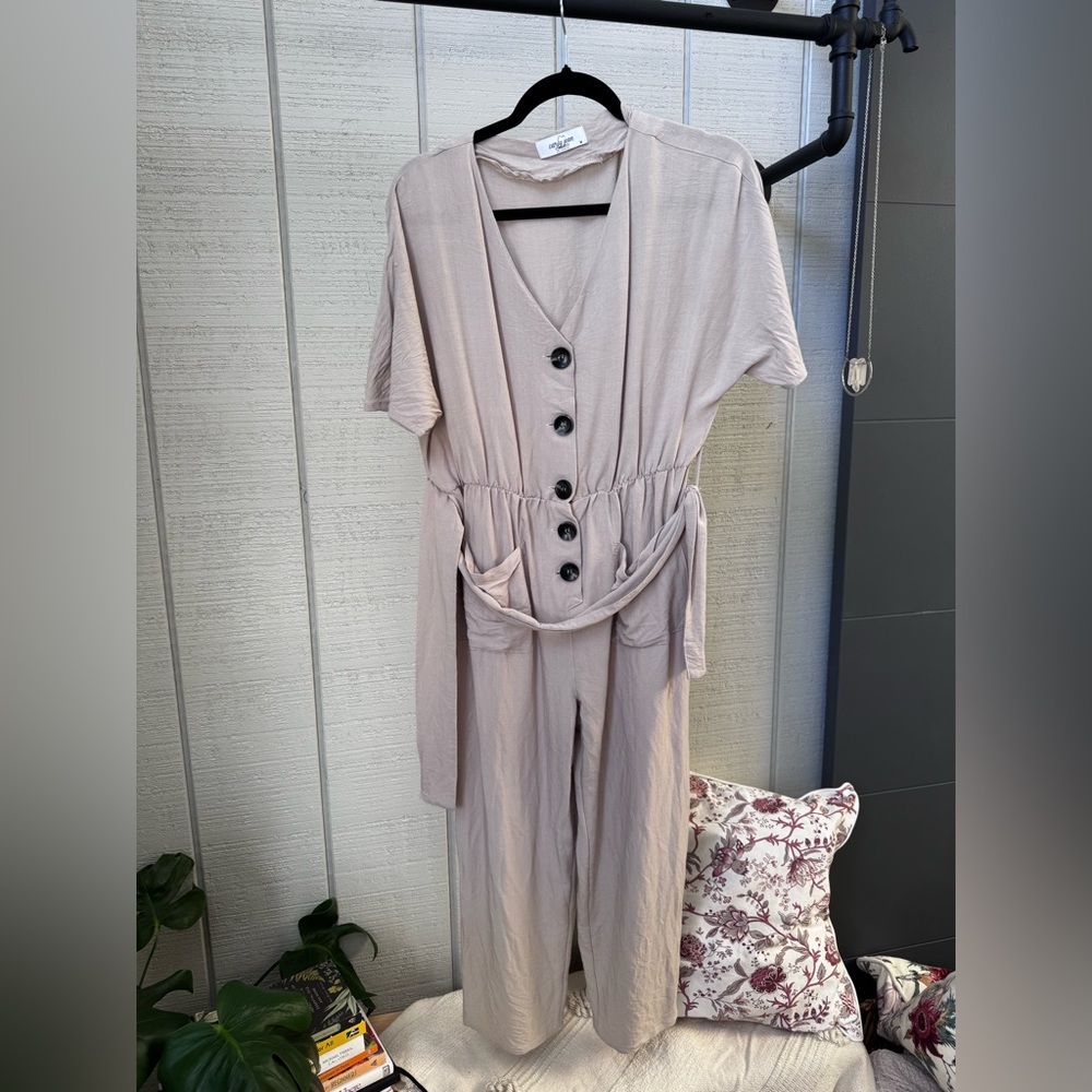 Carly Jean Los Angeles Light Taupe Jumpsuit with Button Accents and tie size Med